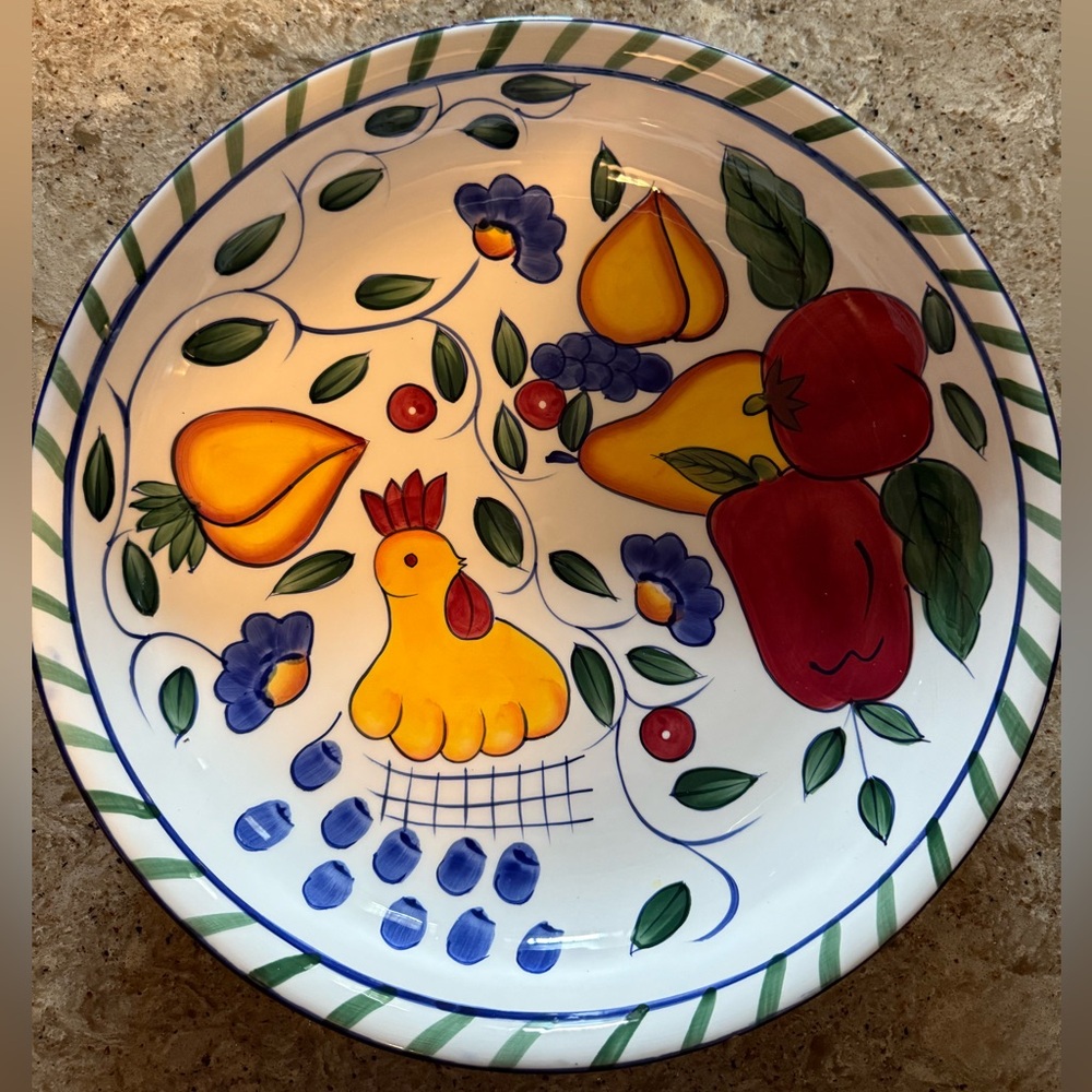 Baum Bros Rooster and Fruits Large Round Tuscan Inspired Serving Bowl